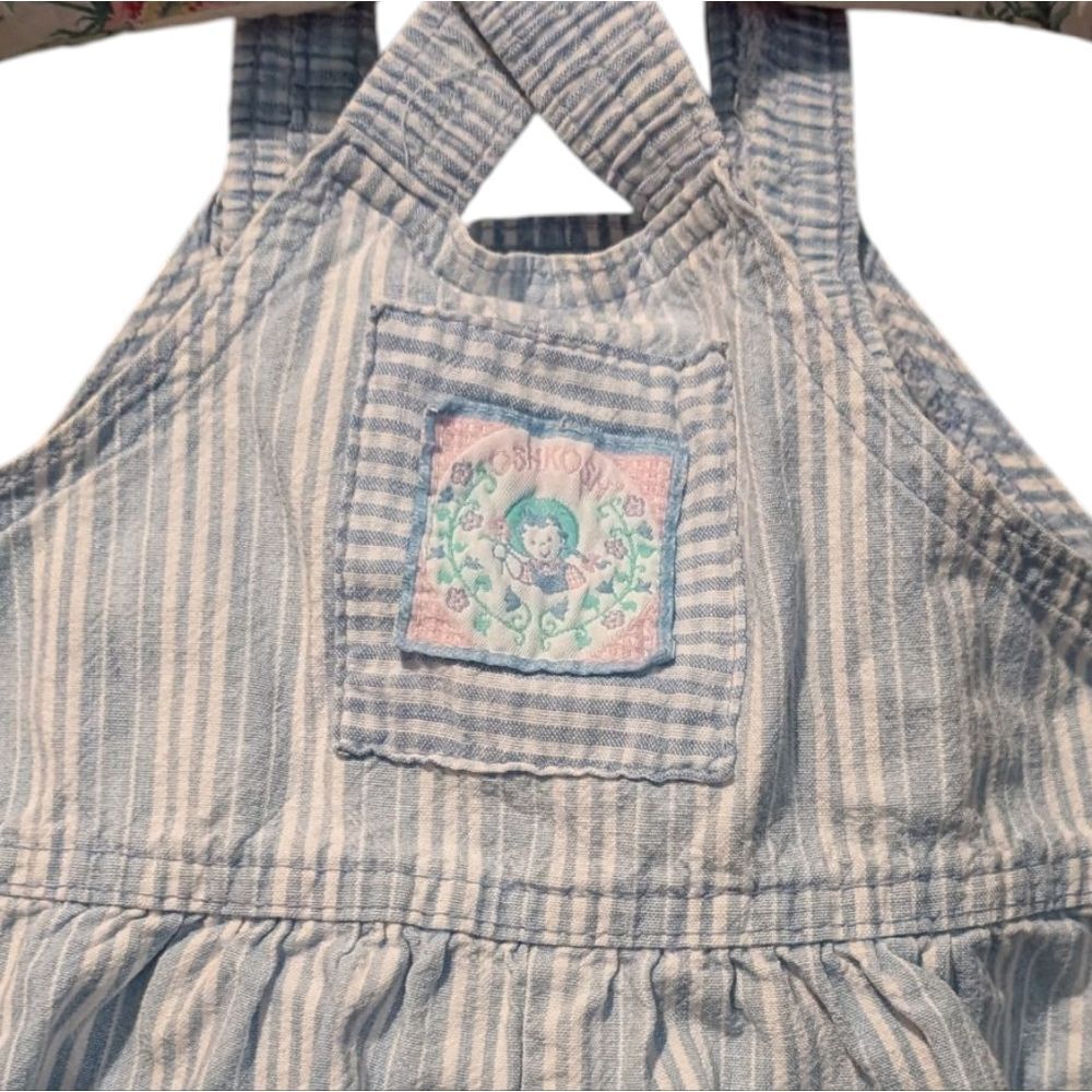 Oshkosh B'Gosh Vintage Girls Blue White Striped‎ Floral Patch Bubble Shortalls